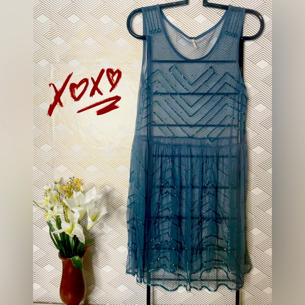 🌟Host Pick🌟Free People! Embellished Teal Sheer Slip Dress - Picture 6 of 16